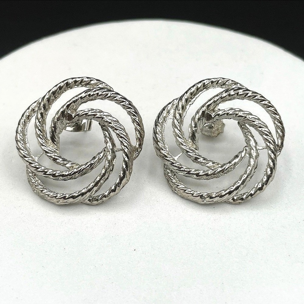 Vintage Silver Tone Rope Swirl Stud Earrings Vintage Classic Style Statement Y2K